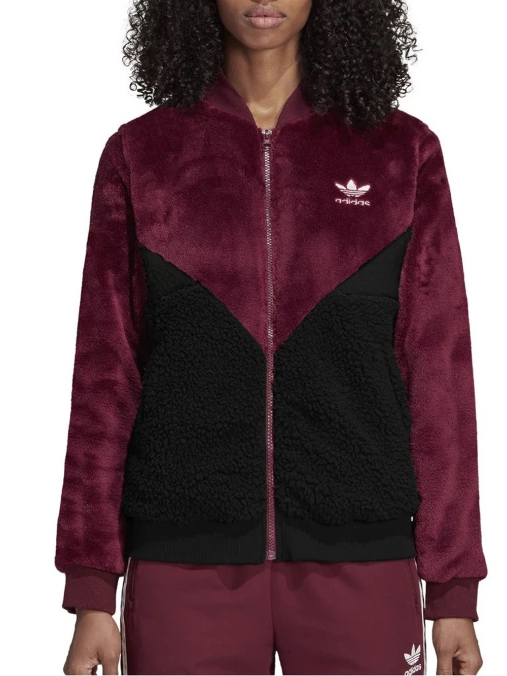 Adidas Originals Clrdo velour fleece maroon Bomber Track Jacket